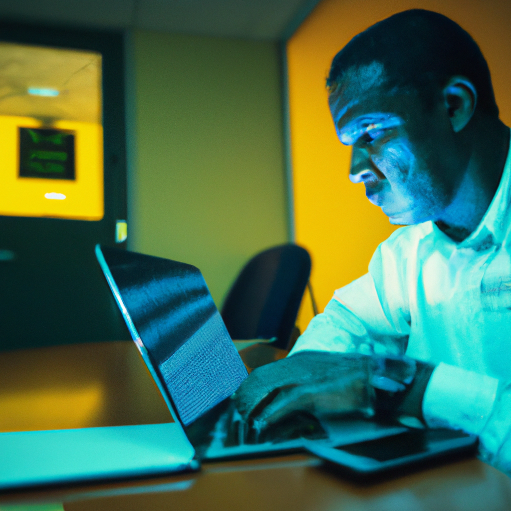 Data journalism instructor focused on a laptop in a training lab